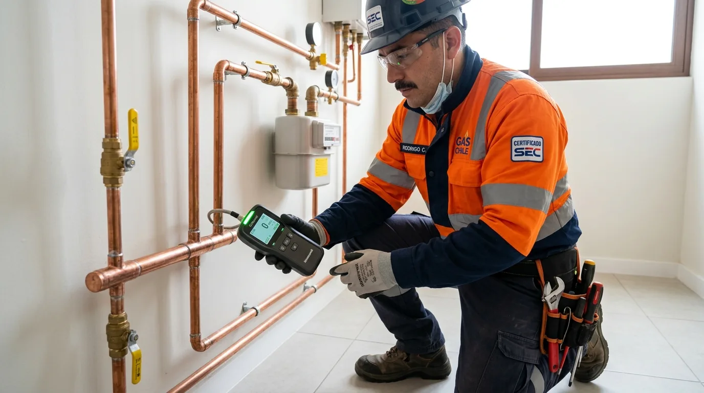 Técnico Instalador SEC inspeccionando red de gas con detector digital en Santiago